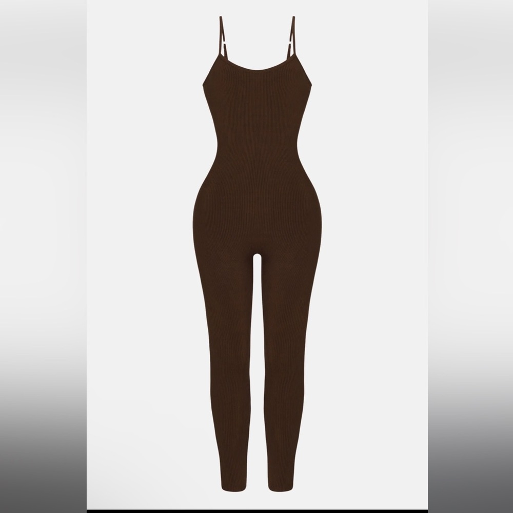 Brown Ribbed Snatched Spaghetti Strap Jumpsuit